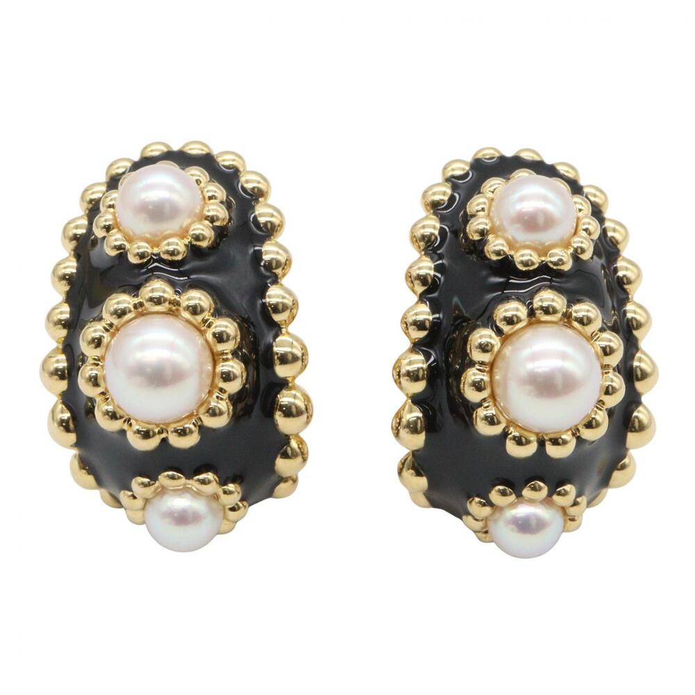 Chanel CHANEL Three Symbol Enamel Pearl Earrings, 18K (Yellow Gold) Women's, ...